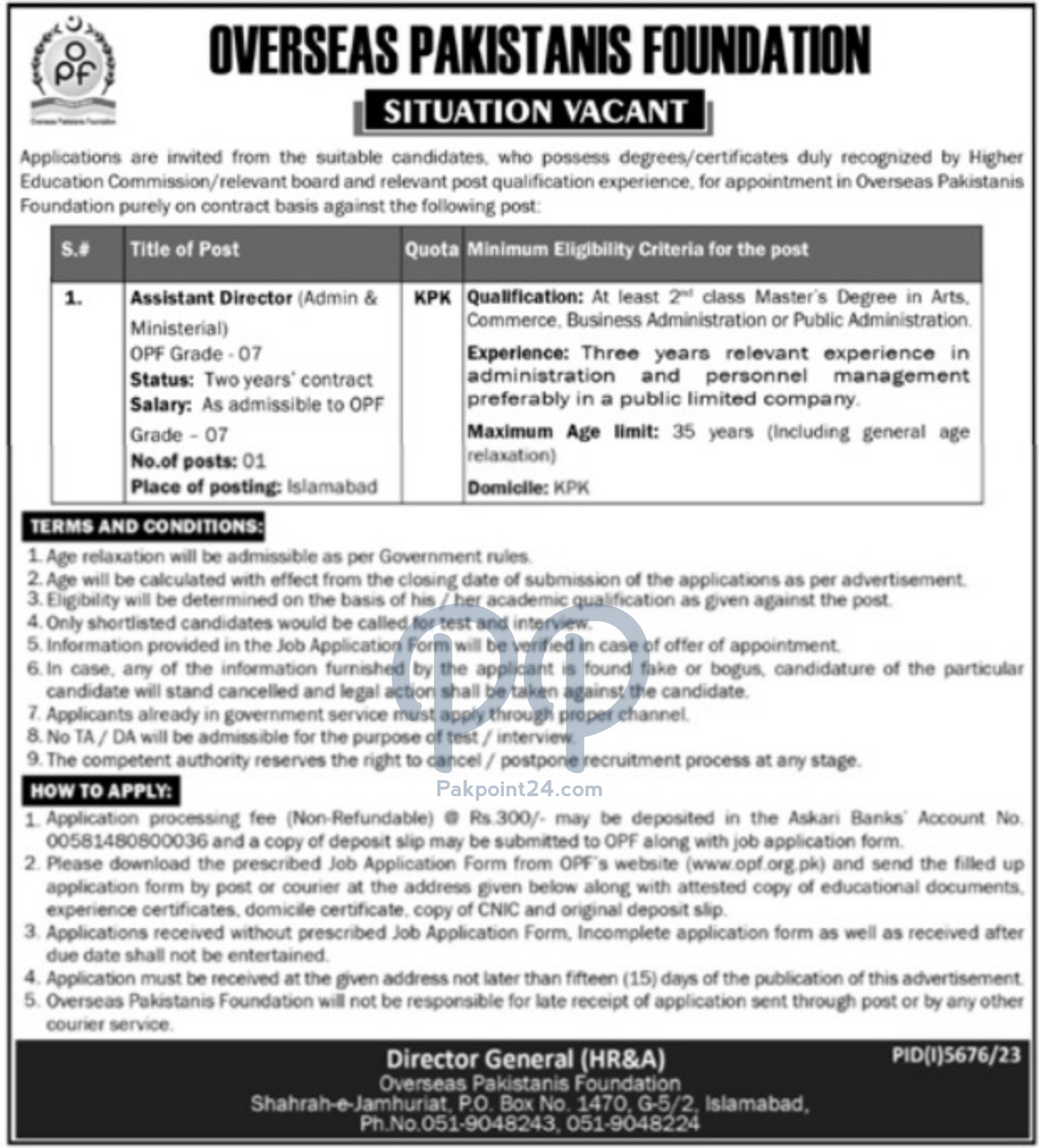 Overseas Pakistanis Foundation Islamabad OPF Jobs 2024 Pakpoint24.com