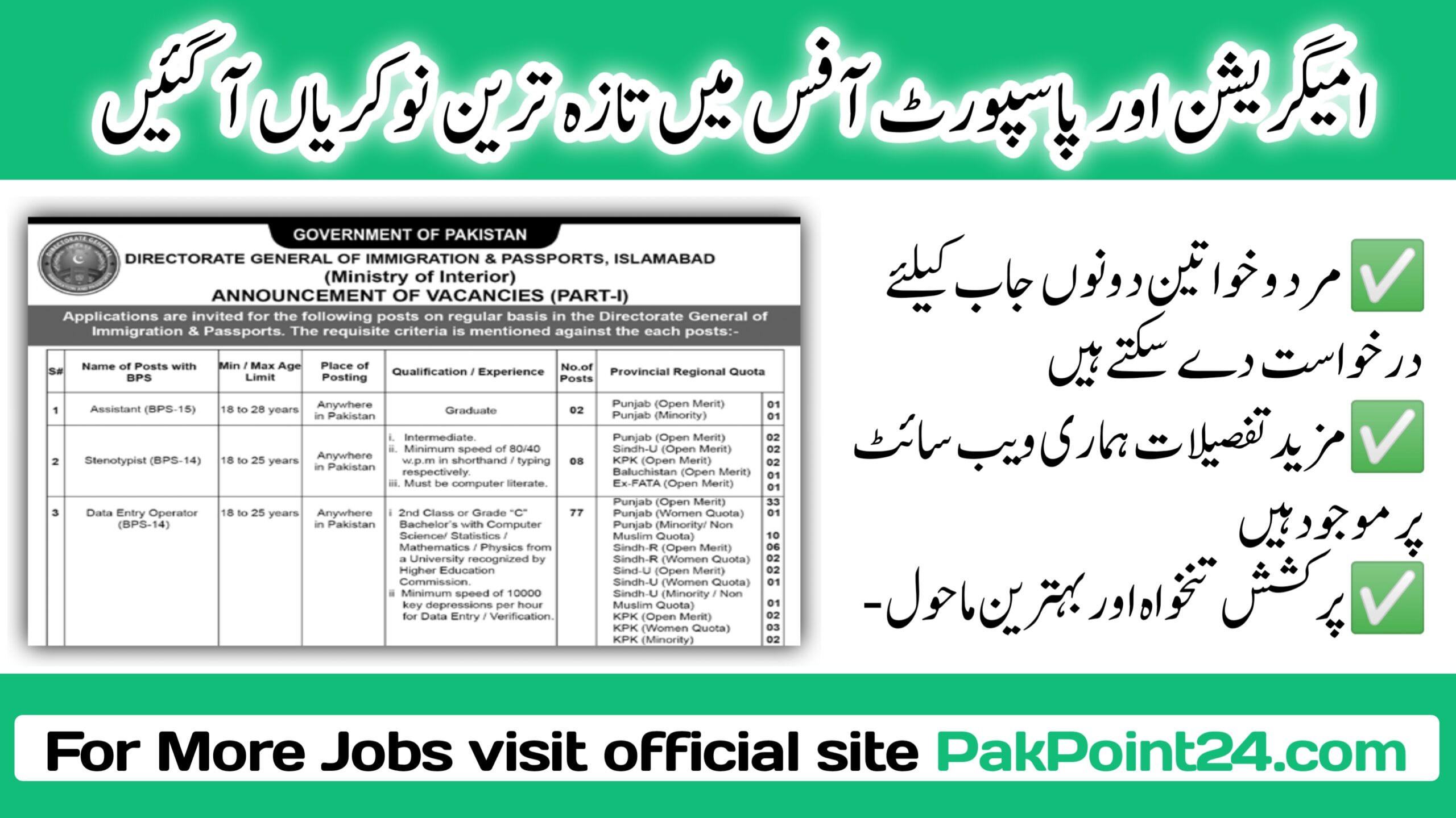 Latest Directorate General of Immigration And Passports Jobs 2024 Pakpoint24.com