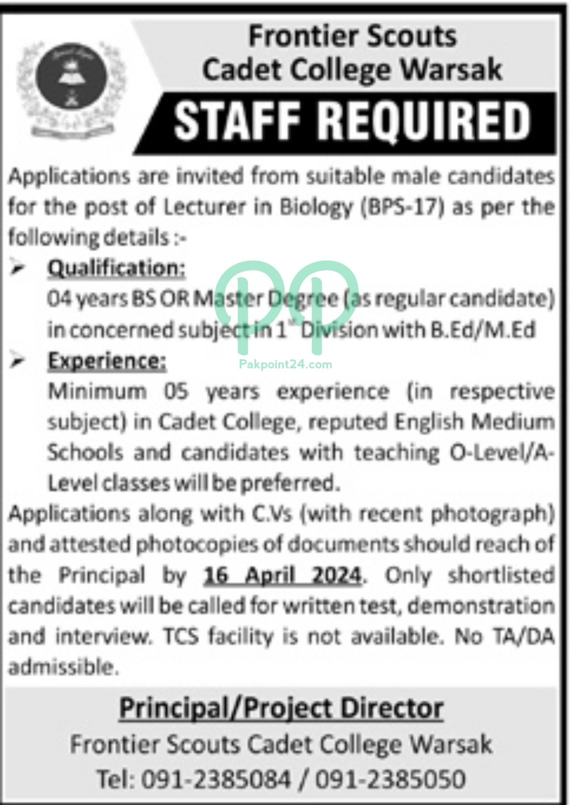 Latest Frontier Scouts Cadet College Warsak Jobs 2024