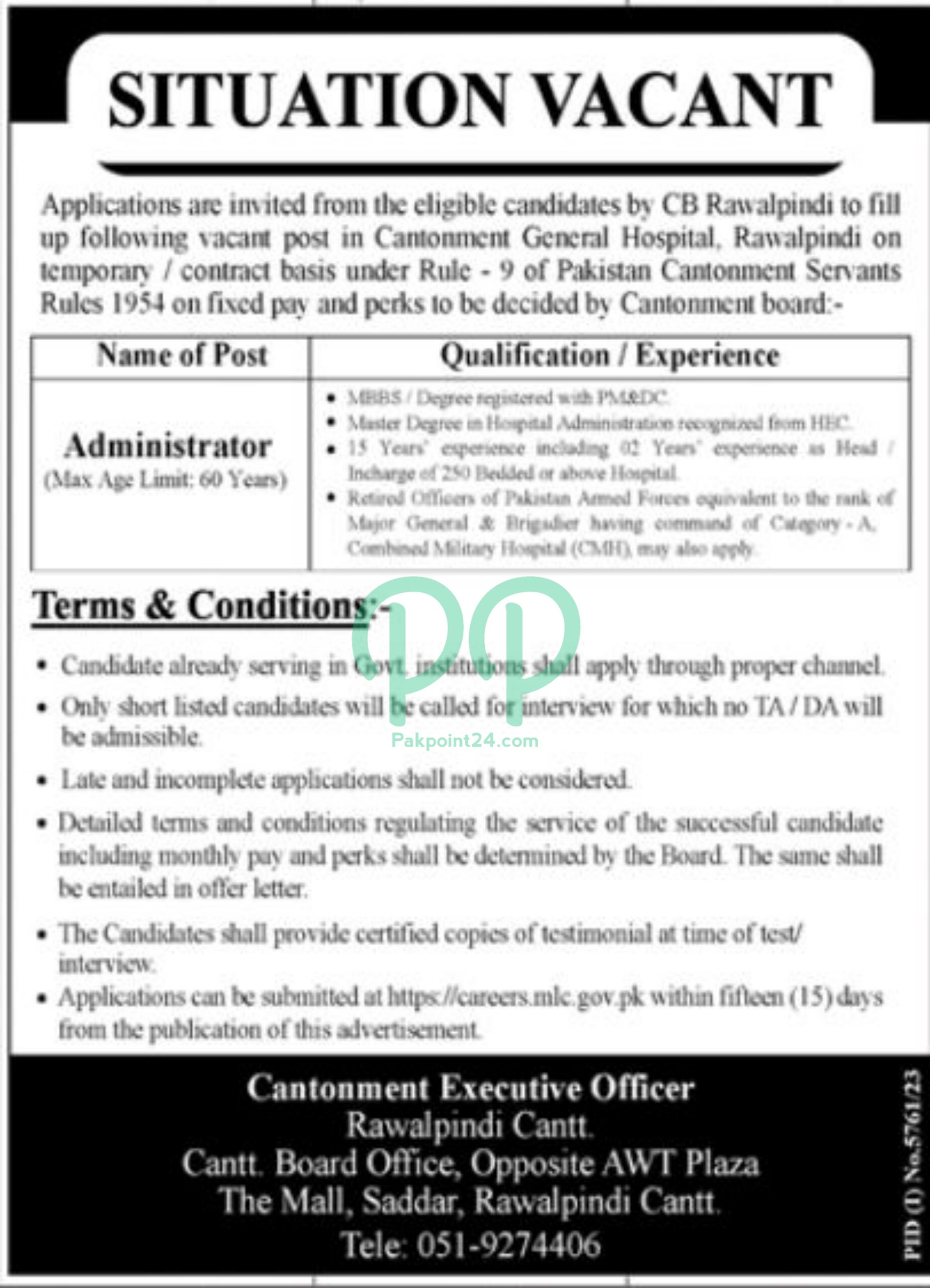 Cantonment General Hospital Rawalpindi Jobs 2024
Latest Cantonment Board Medical Posts Rawalpindi 2024