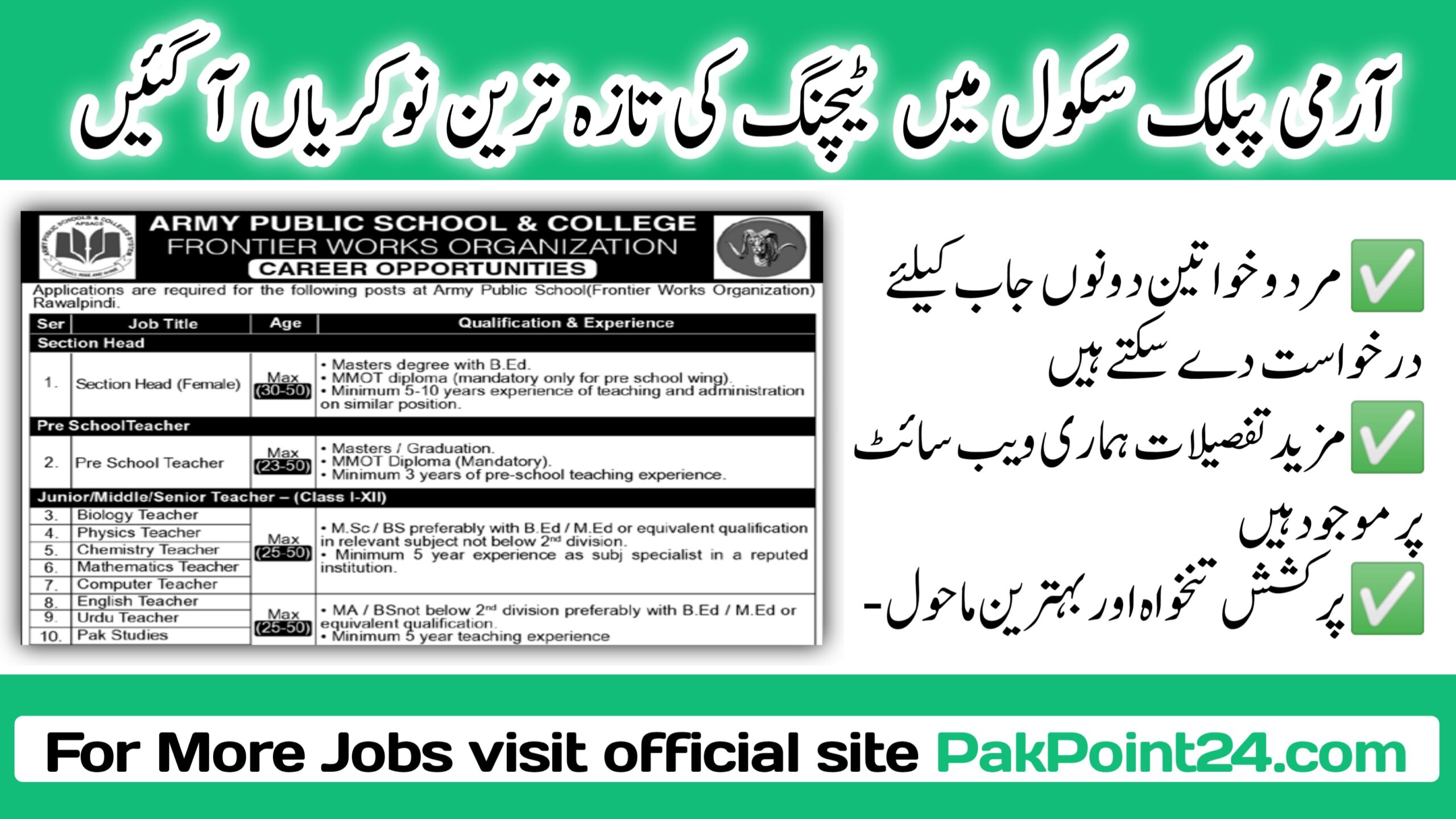 Latest Army Public School and College FWO Rawalpindi Jobs 2024