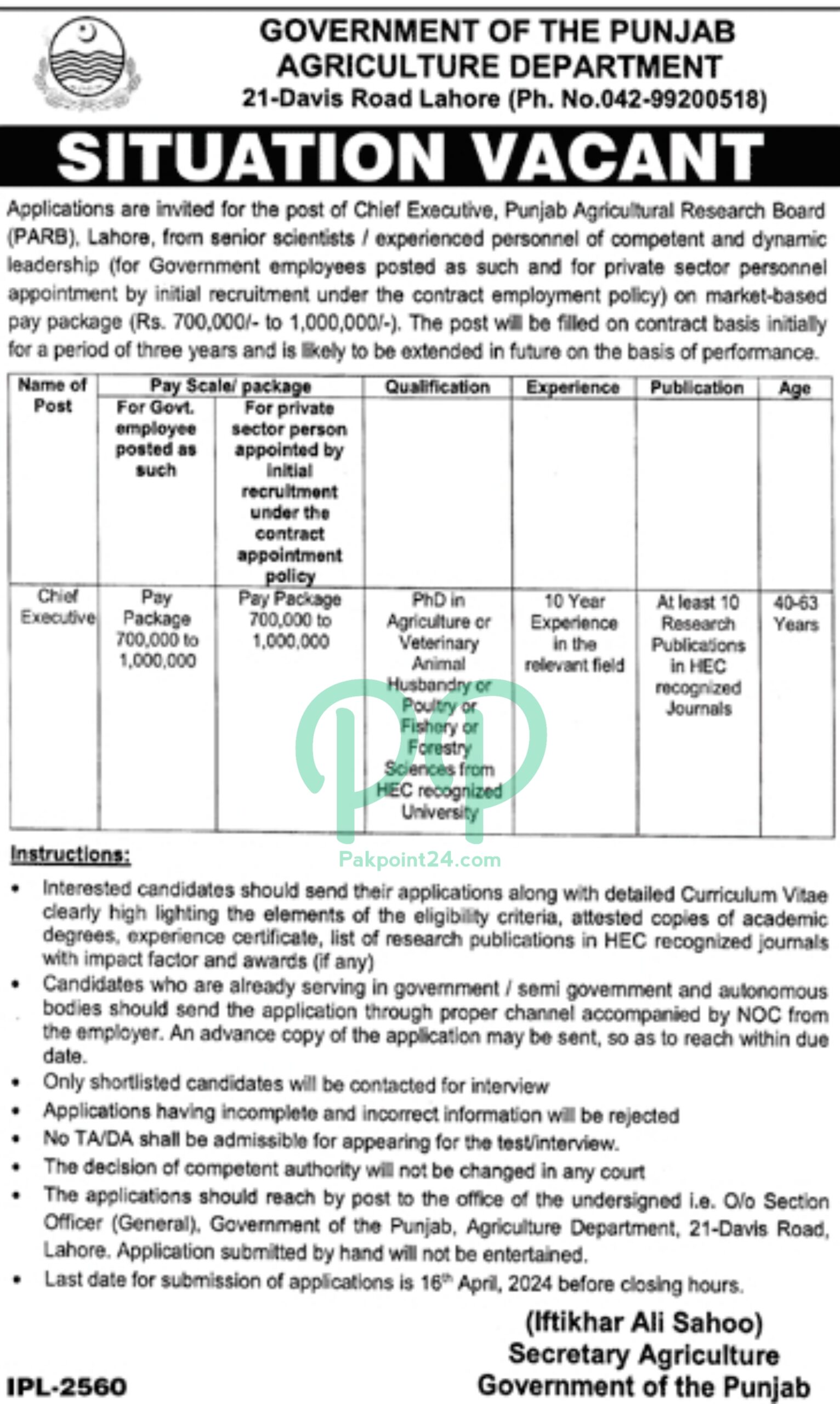 Latest Chief Executive Jobs 2024 in Punjab Agricultural Research Board 