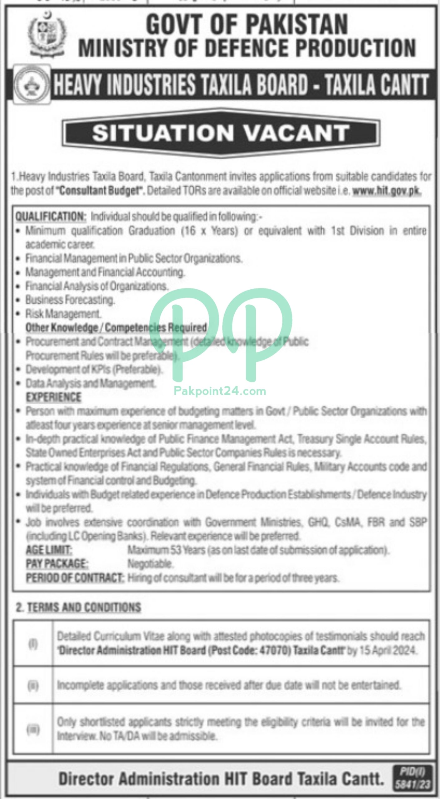 Latest Ministry of Defence HIT Taxila Jobs 2024 Consultant Budget