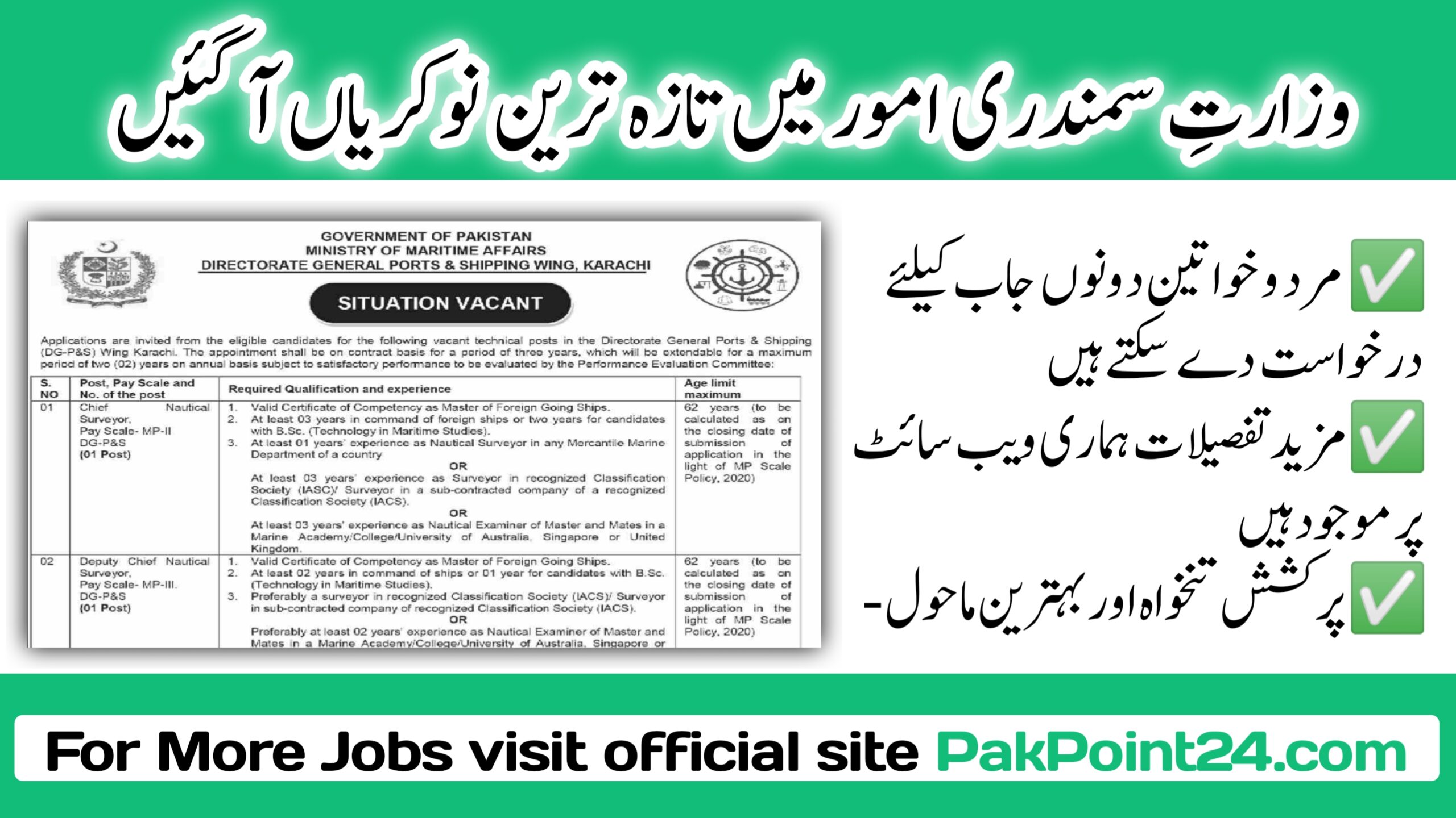 Directorate General Ports & Shipping Wing Karachi Jobs 2024 Ministry of Maritime Affairs MoMA Jobs 2024