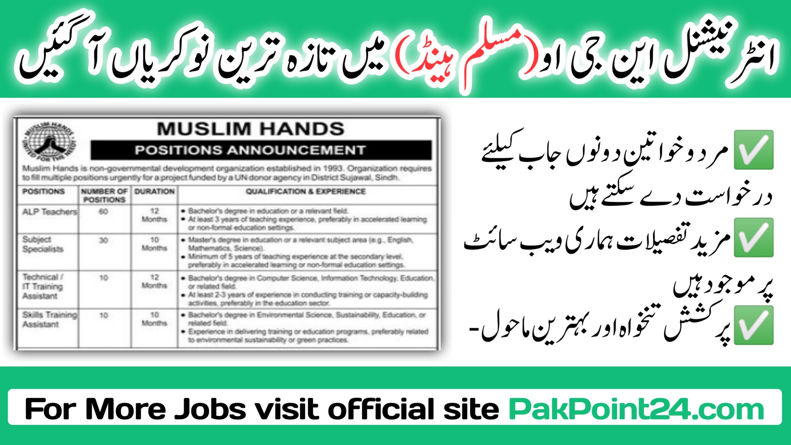 United Muslim Hands District Sujawal Jobs 2024 Pakpoint24