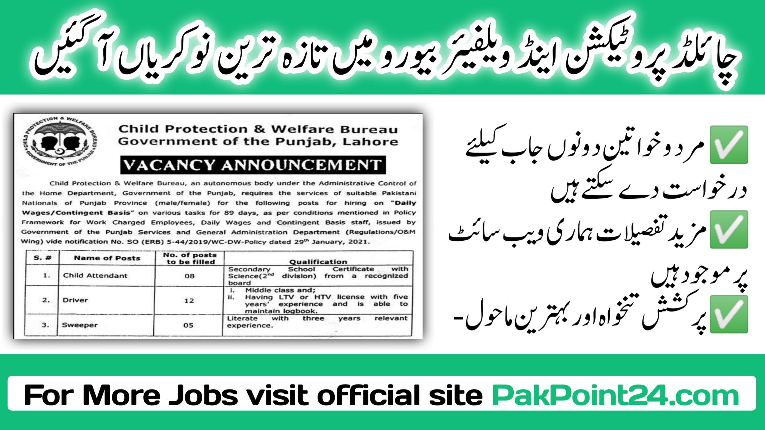 Child Protection and Welfare Bureau Lahore Jobs 2024