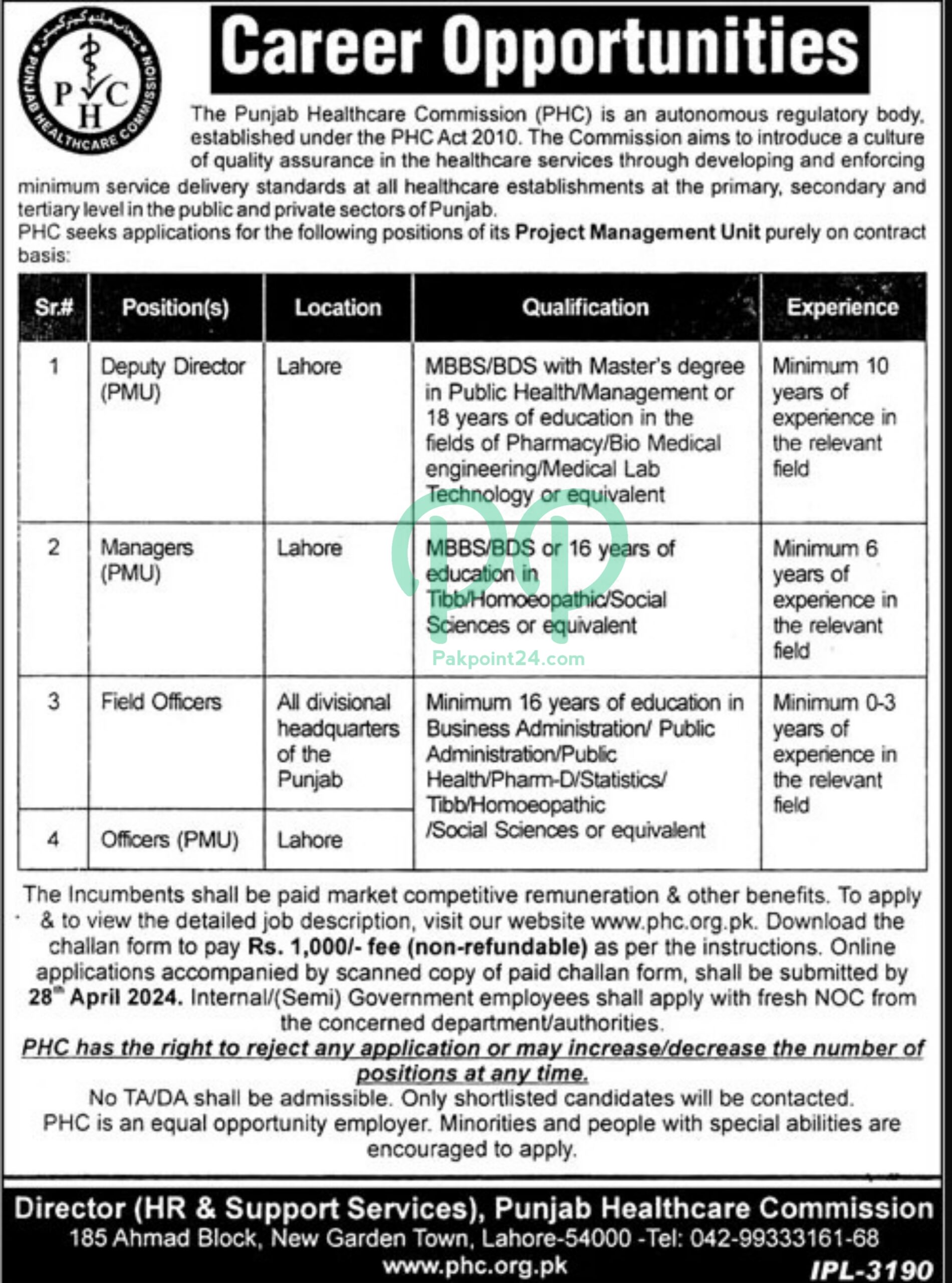 Latest Punjab Healthcare Commission PHC Lahore Jobs 2024 PHC Announces Deputy Director PMU and Manager Vacancy 2024